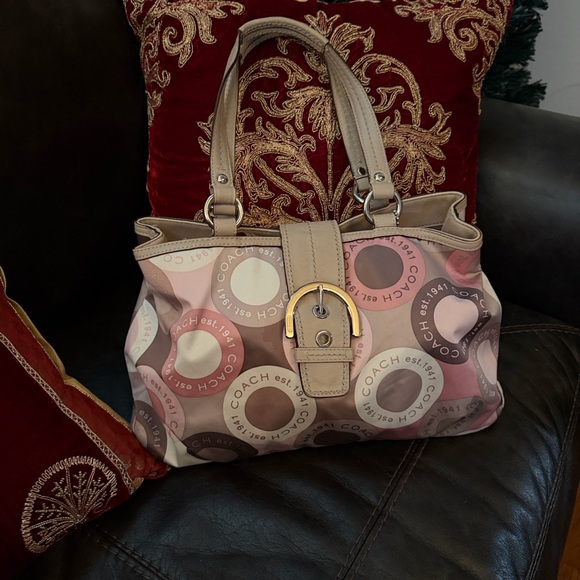 Coach Handbags - Coach Multicolor Soho Snaphead Sateen Shoulder Signature in Pink and Brown Bag.